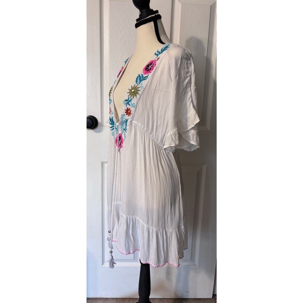 Blue Island Beach Coverup Women's Medium White Tropical Beaded Flowers - Picture 3 of 8